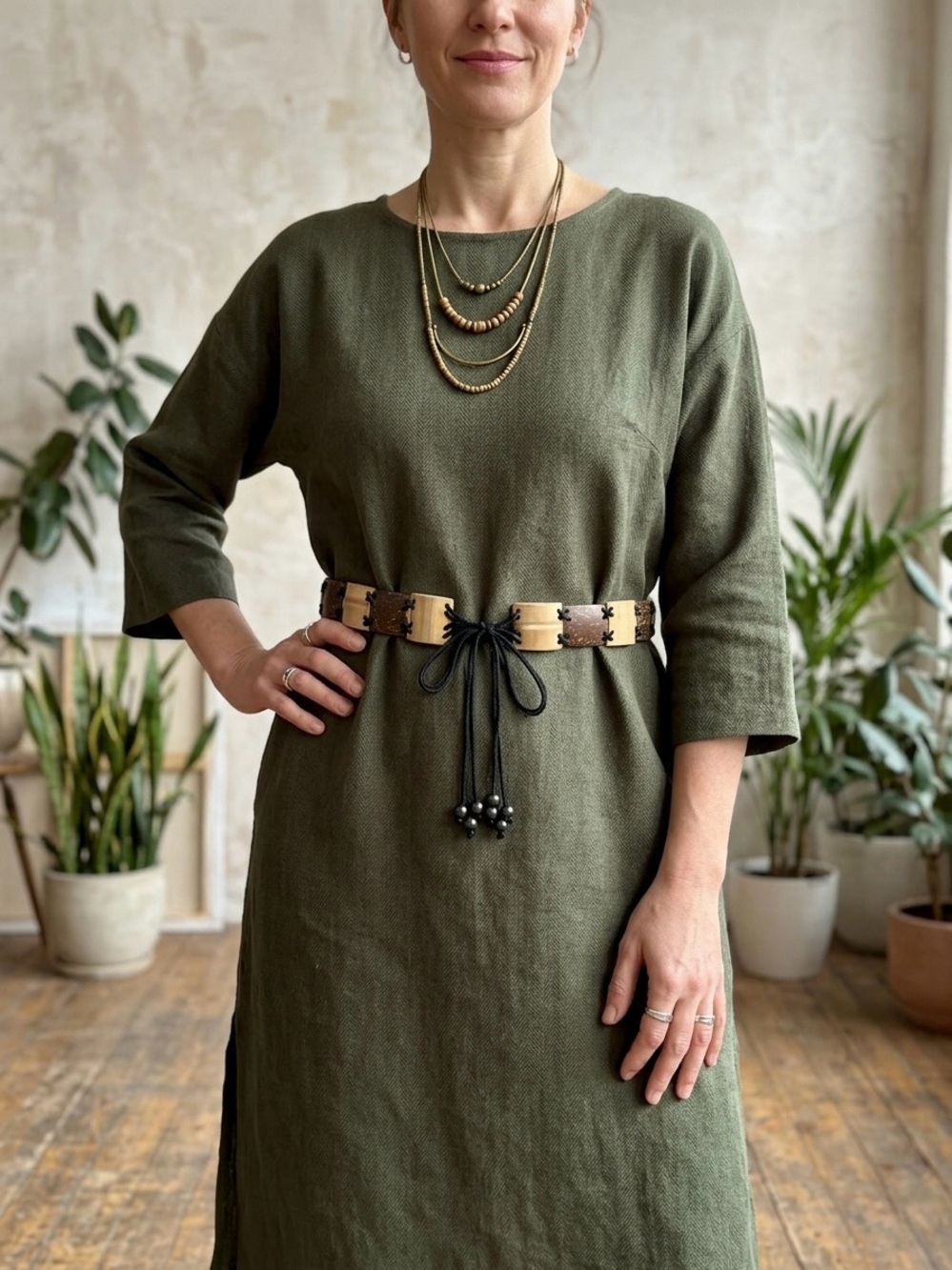 Boho Chic Natural Coconut Shell Tile Beaded Tie Waist Belt With Wood Accents - Picture 8 of 10